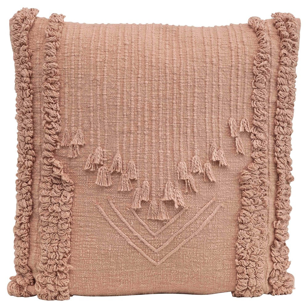 Cotton Embroidered Pillow w/ Applique & Fringe, Putty Color
