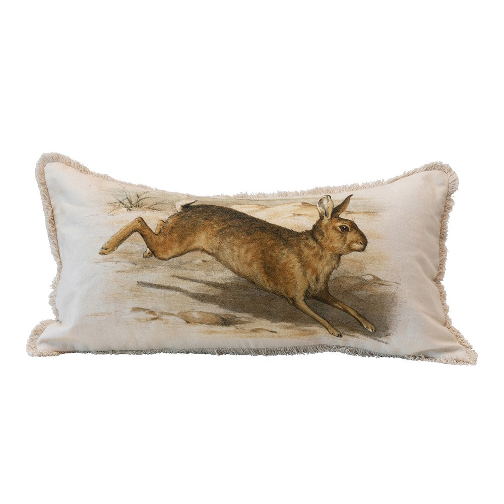 Cotton Lumbar Pillow w/ Vintage Reproduction Rabbit & Fringe