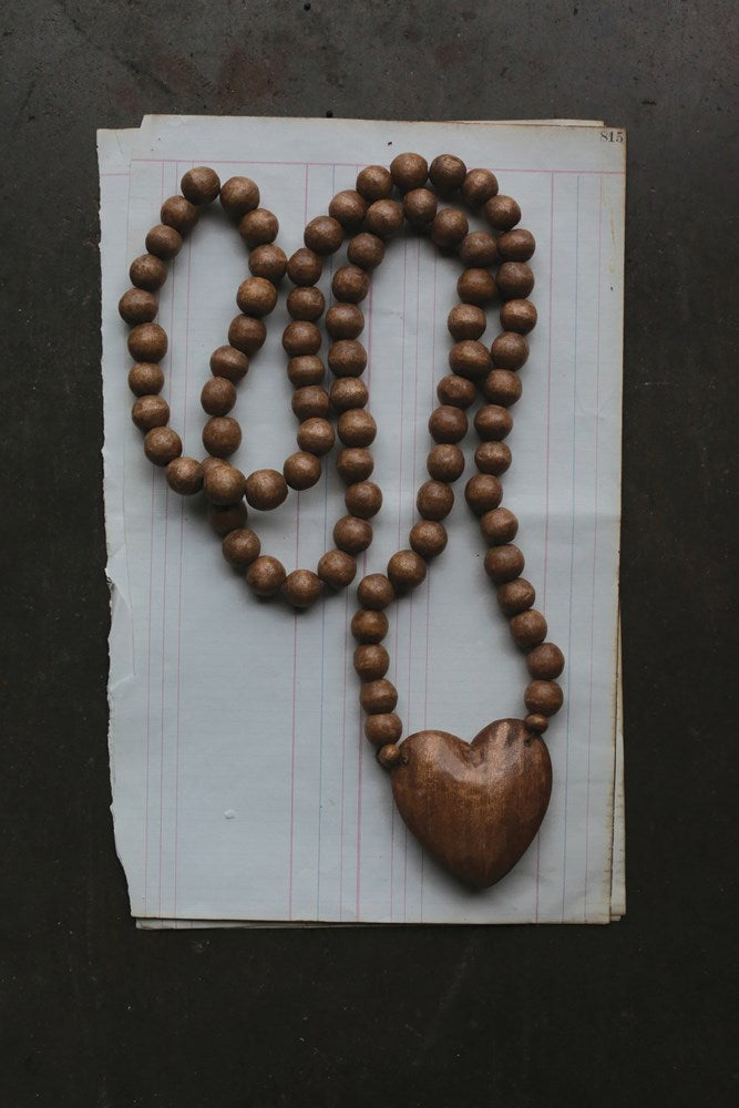 Wood Hand-Carved Bead Strand w/ Heart