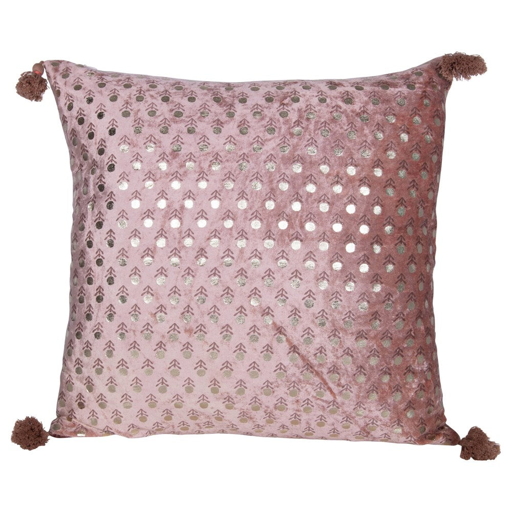 Square Cotton & Velvet Pillow w/ Dots & Tassels, Blush & Gold Color
