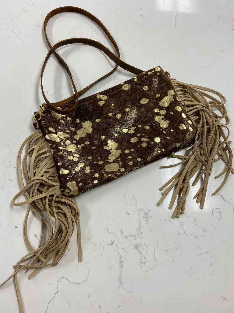 Tan and Gold Leather Clutch Handbag