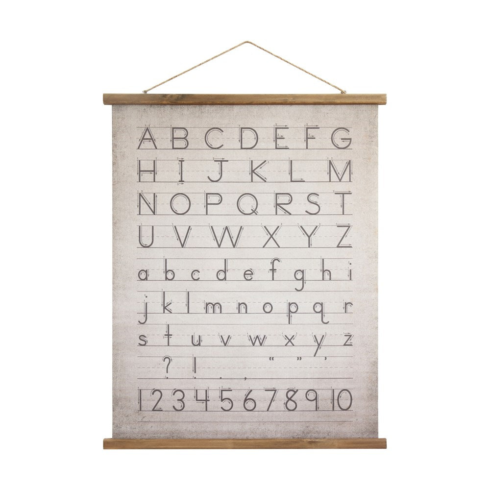 Canvas & Wood Scroll Wall Decor w/ Alphabet & Numbers & Jute Hanger