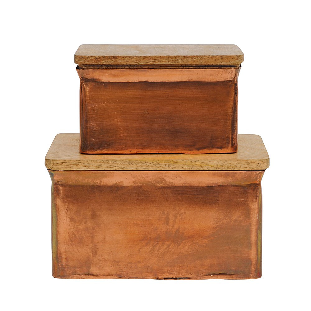Metal Boxes w/ Wood Lid, Copper Finish, Set of 2