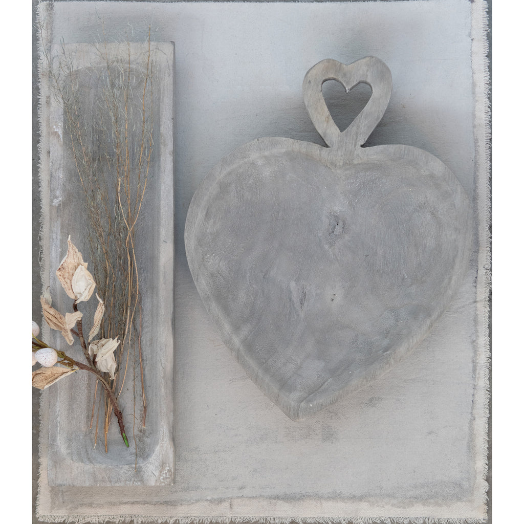 Decorative Paulownia Wood Heart Tray, Grey Washed