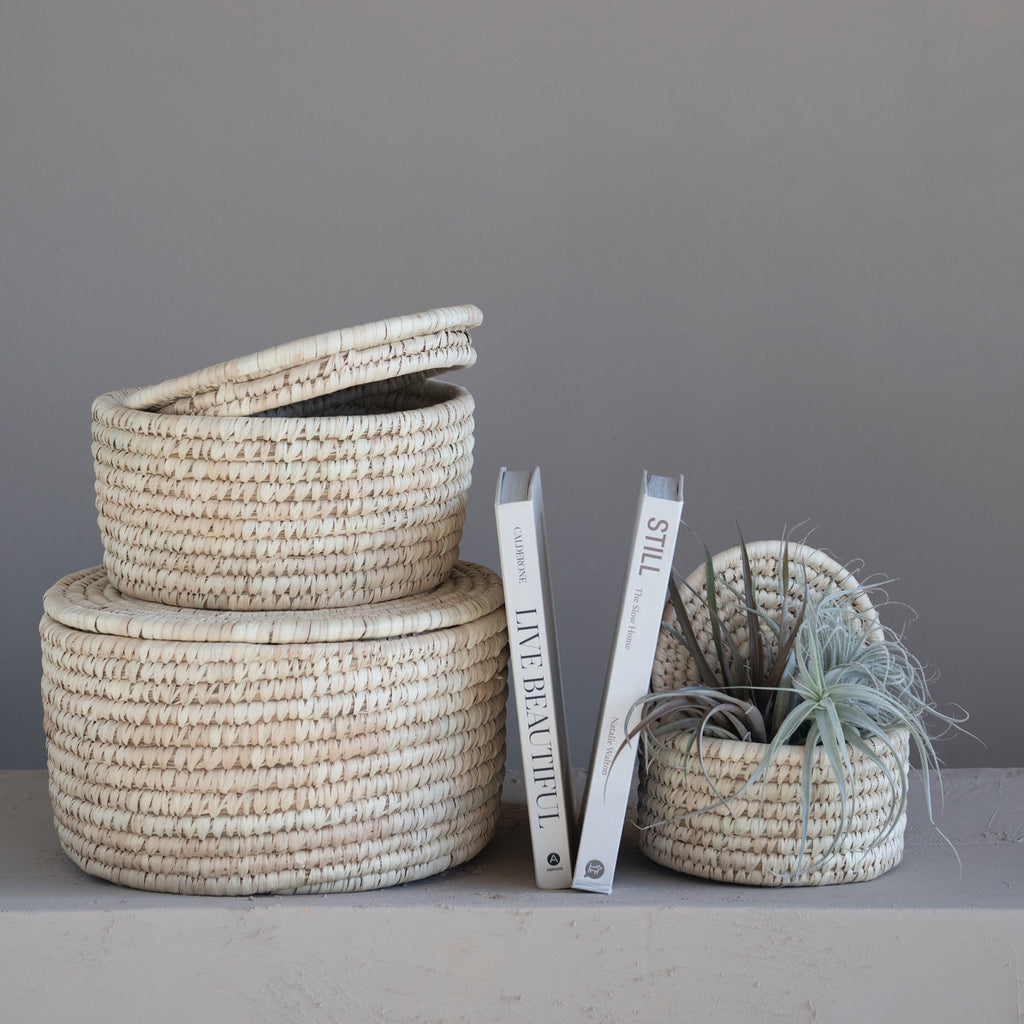 Hand-Woven Grass & Date Leaf Baskets w/ Lids, Natural, Set of 3