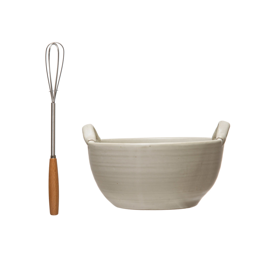 Stoneware Glazed Bowl w/ Wood Handle Whisk, Set of 2 (Each One Will Vary)