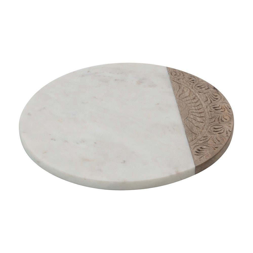 Wood & Marble Serving Board with Engraved Design, White & Natural
