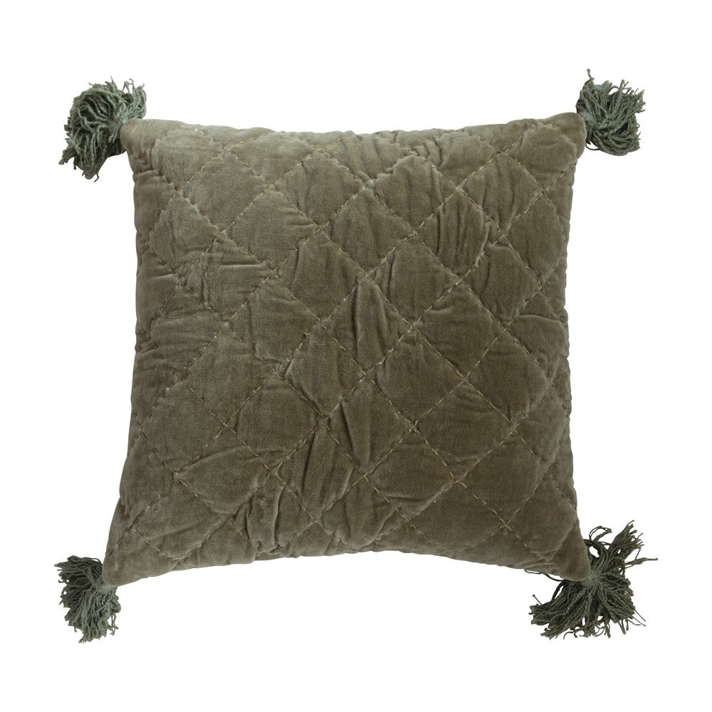 Quilted Cotton Velvet Pillow with Kantha Stitch & Tassels, Green