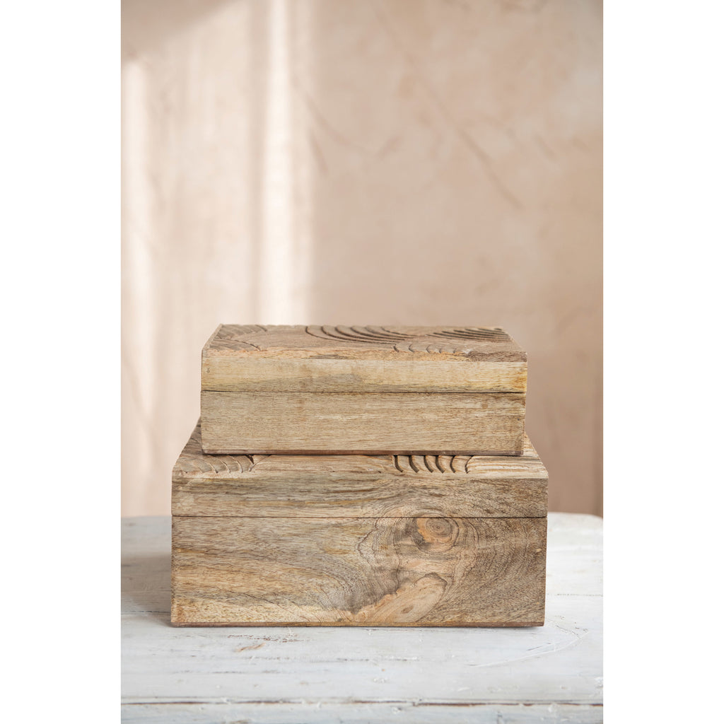 Hand-Carved Mango Wood Boxes, Set of 2