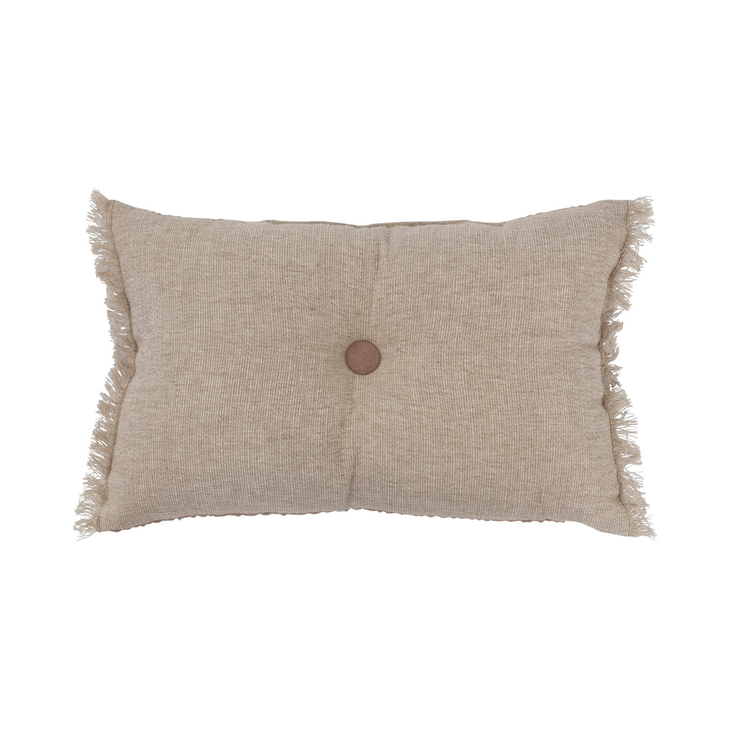 Double Sided Tufted Lumbar Pillow w/ Button & Fringe, Natural & Putty Colored