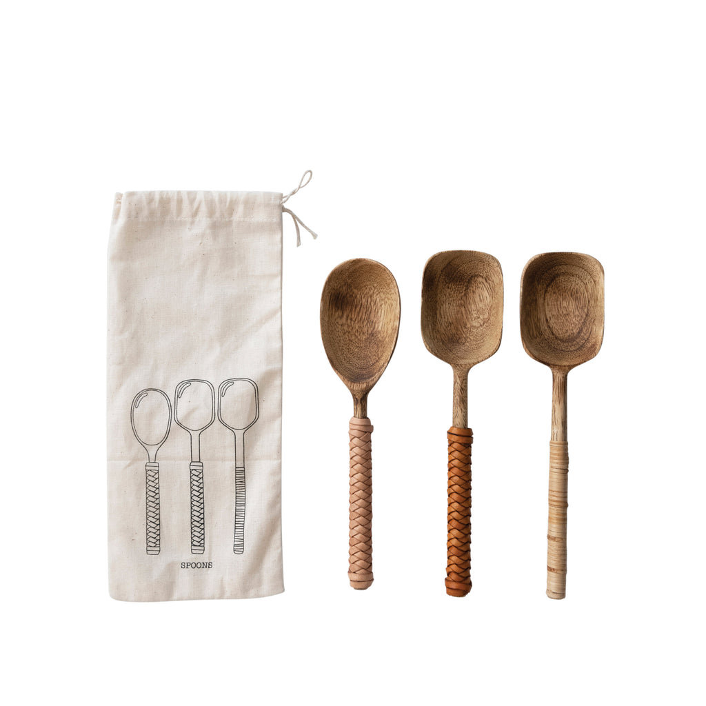 Leather Wrapped Mango Wood Spoons, Set of 3 in Printed Drawstring Bag