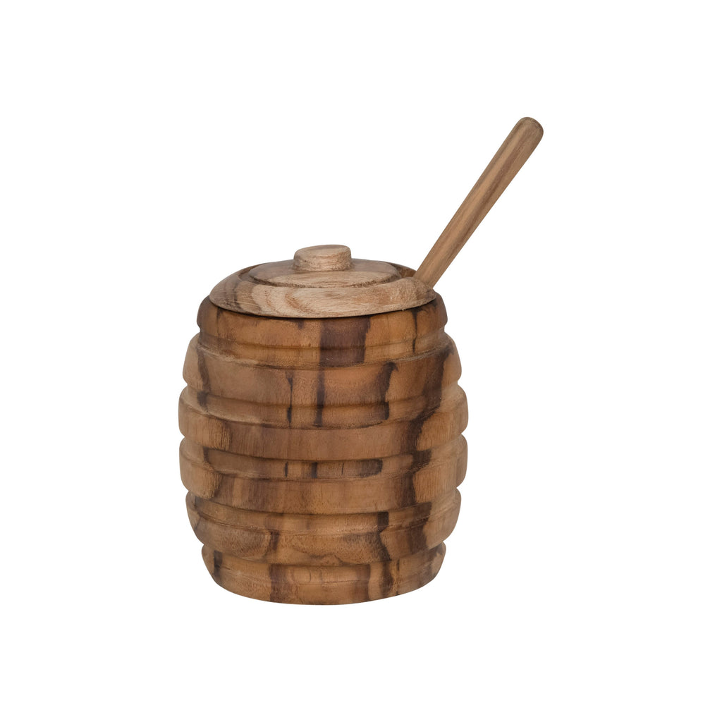 Carved Teakwood Honey Jar w/ Wood Honey Dipper