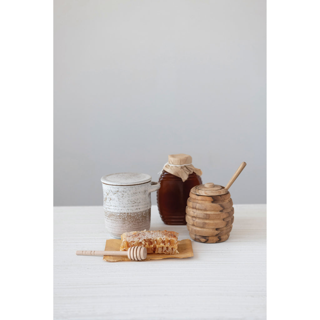 Carved Teakwood Honey Jar w/ Wood Honey Dipper