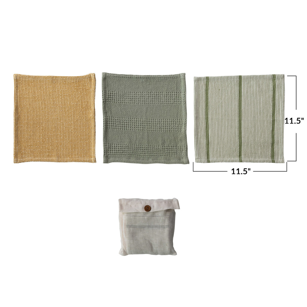 Square Cotton Waffle Weave Dish Cloths, Set of 3 in Bag