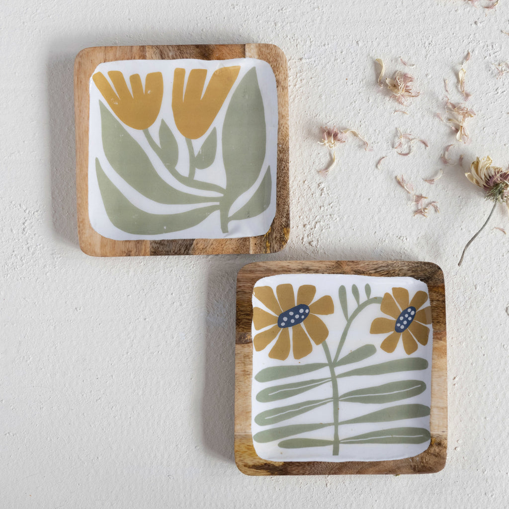Enameled Mango Wood Plate w/ Flowers, Multi Color, 2 Styles