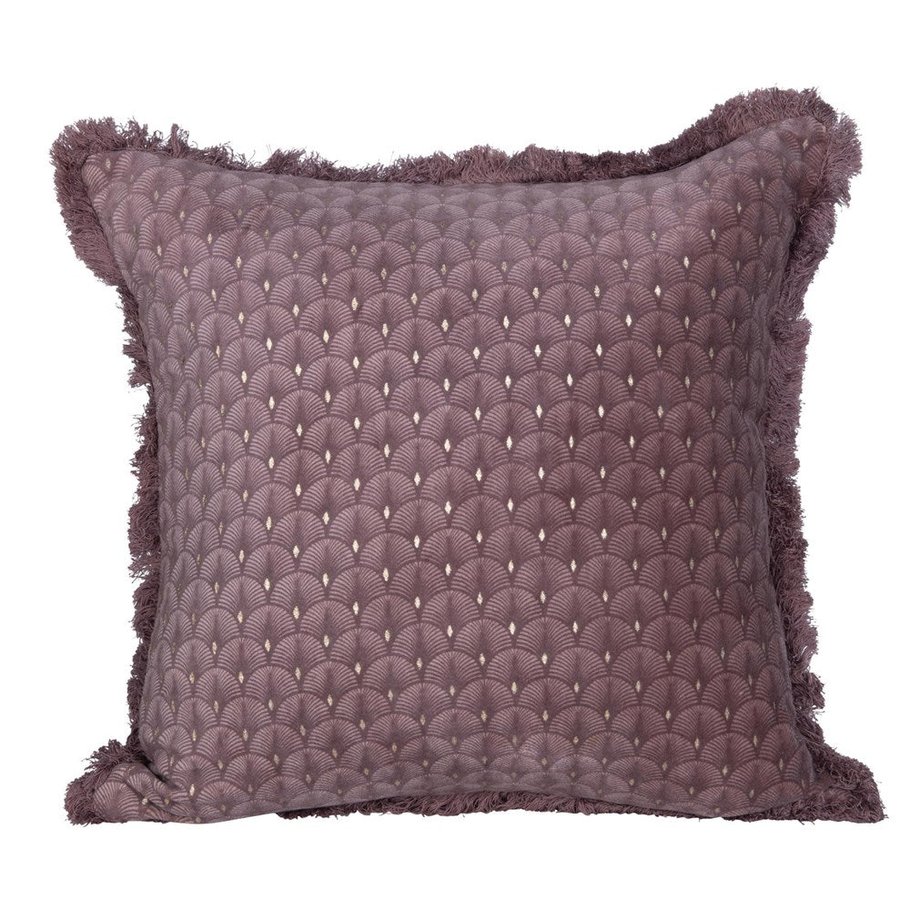 Square Cotton & Velvet Pillow w/ Fringe, Plum Color