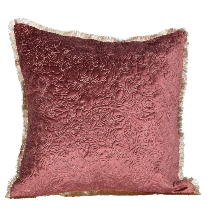 Square Cotton & Velvet Pillow w/ Fringe & Embroidery, Rose & Gold Color