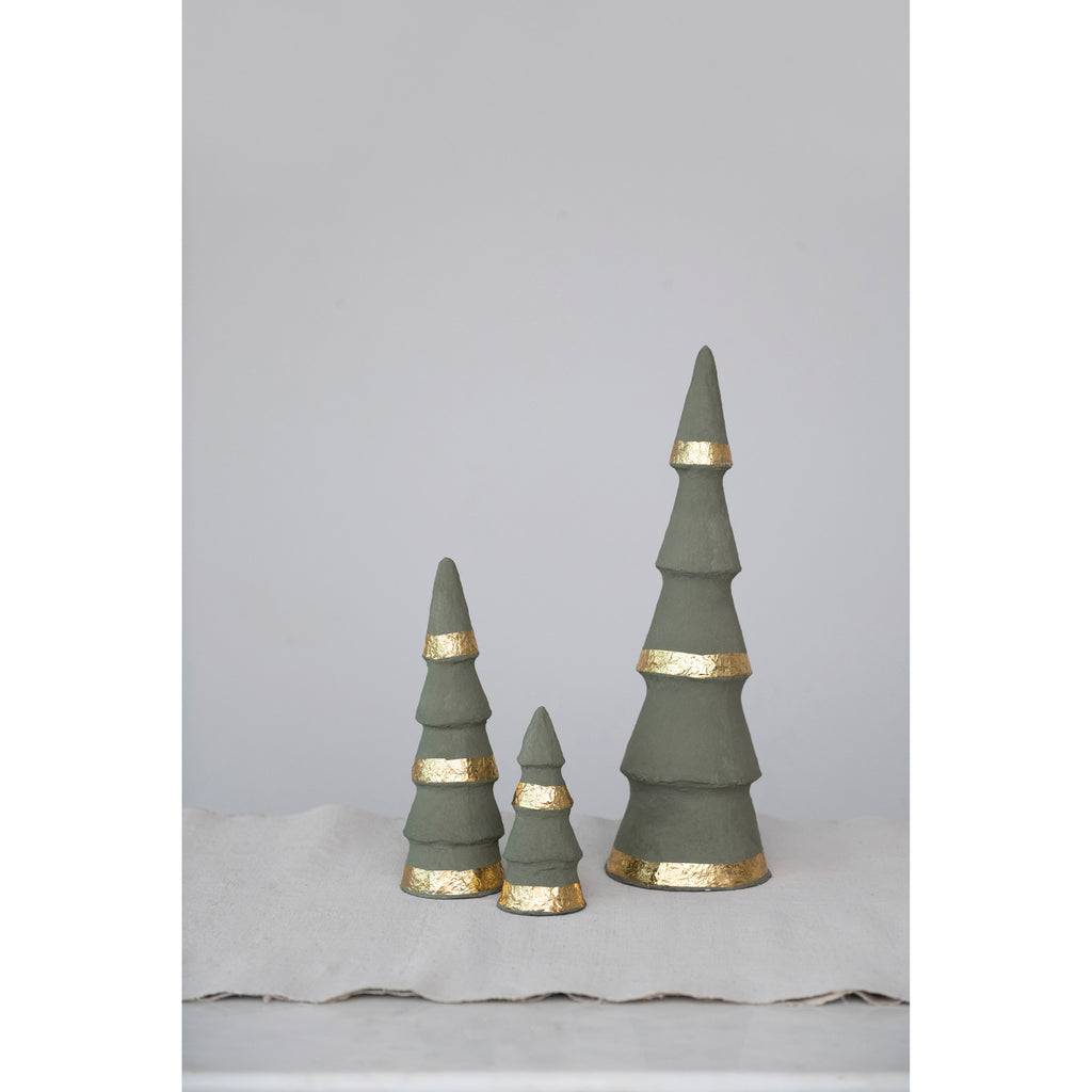 Handmade Paper Mache Trees with Gold Foil, Set of 3